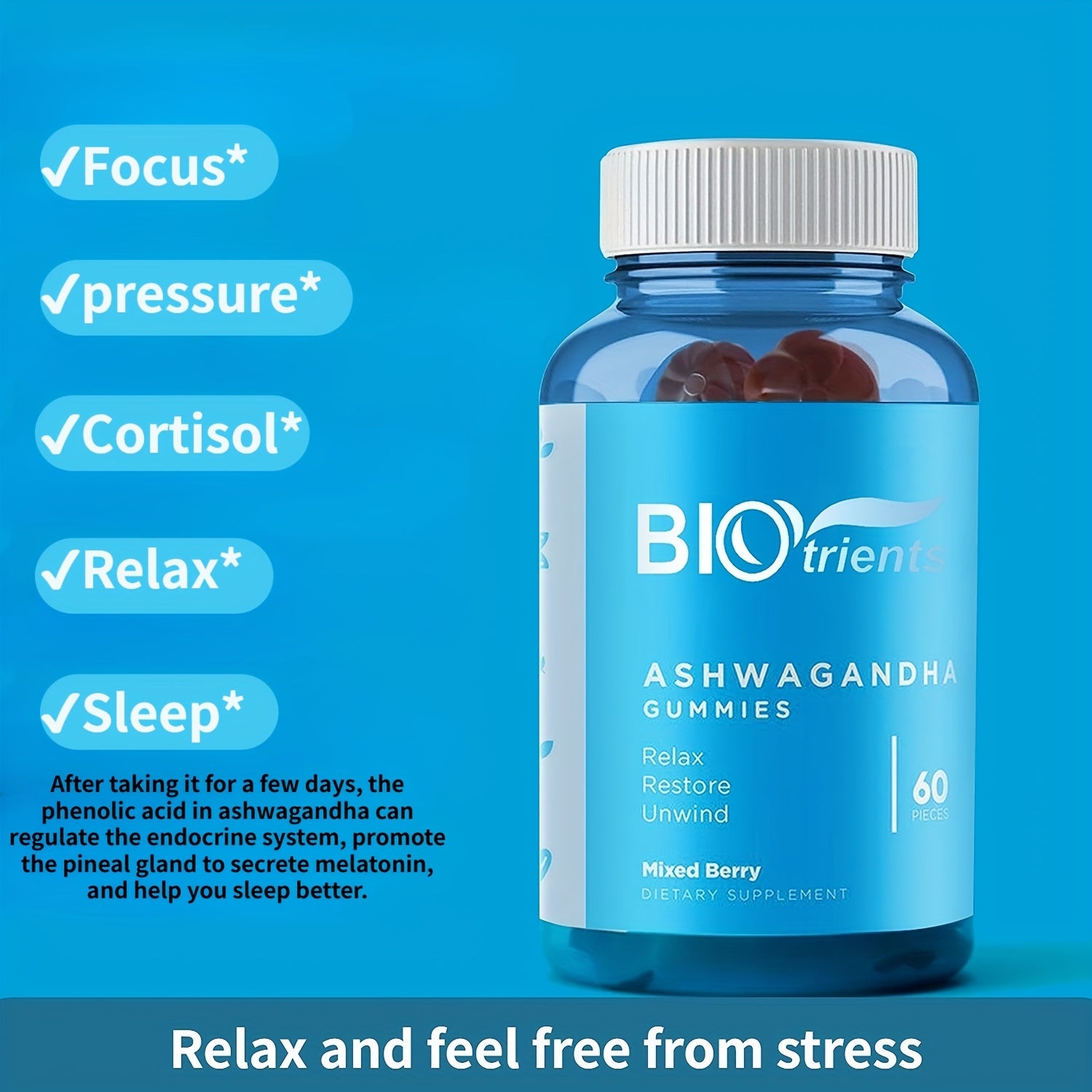 Biotrients - Ashwagandha Vitamin D Gummies - Improved Sleep, Stress Reduction, Relaxation And Cognitive Support For Men And Women, Mixed Berry, Gluten Free And Gelatin Free. America's #1 Ashwagandha - 60 GOlI Capsules Per Bot